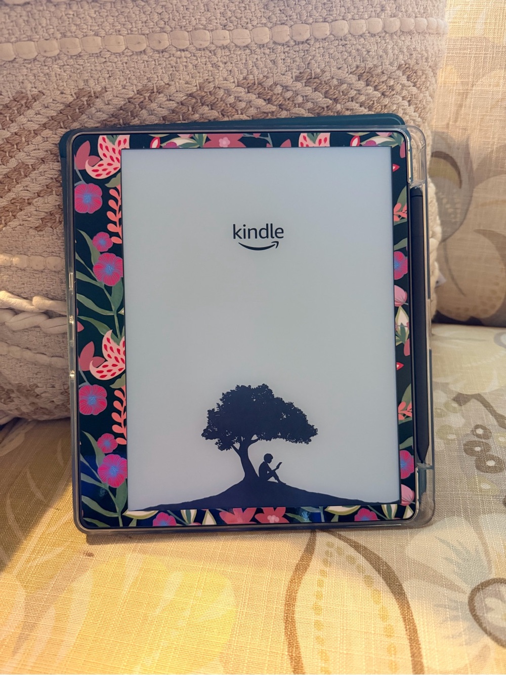 Amazon Kindle E-Reader with Floral Pink & Green Accent Frame